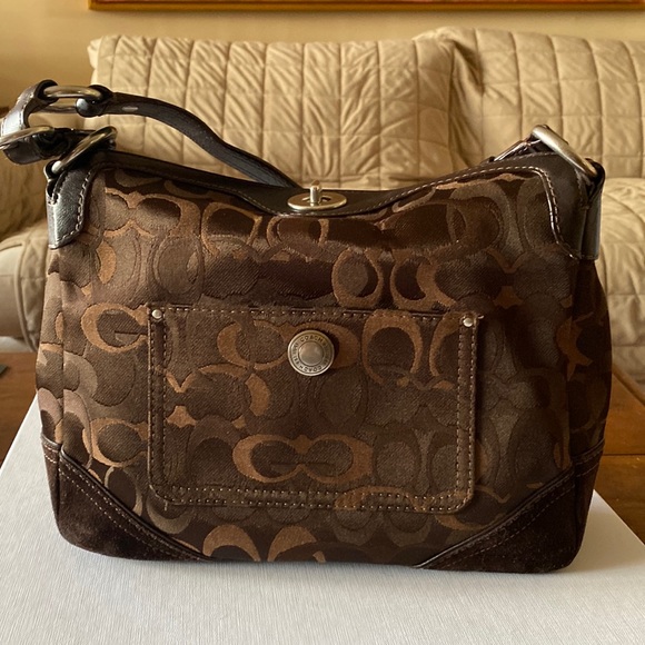 NWOT COACH Chelsea Optic Signature Jacquard Chocolate Suede Hand bag - Picture 2 of 7